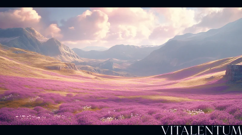 AI ART Vibrant Purple Flower Meadow Amidst Mountains