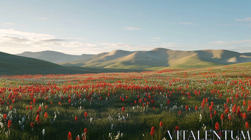 Colorful Wildflower Field with Hillside View AI Image