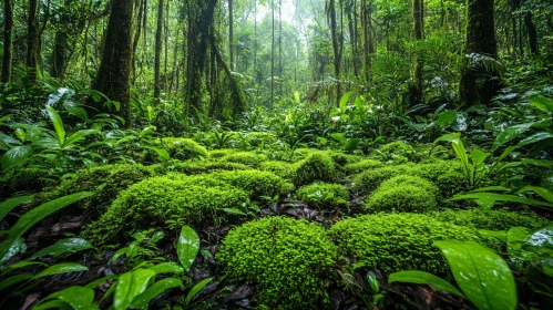 Dense Tropical Forest Covered in Green Moss