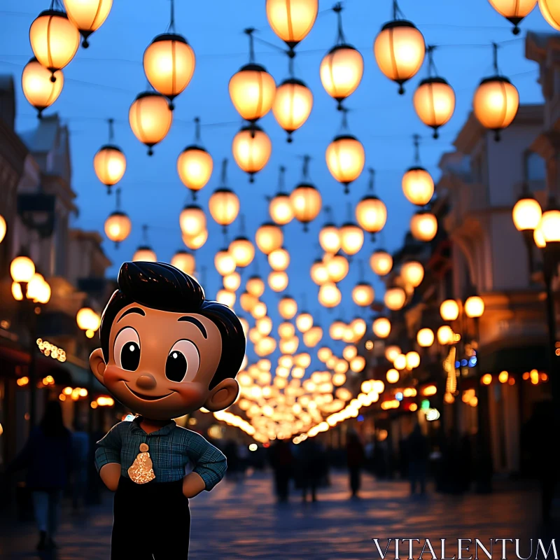 AI ART Cartoon Character on Lantern-Lit Evening Street