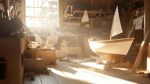 Cozy Workshop with Model Boat and Sunlight