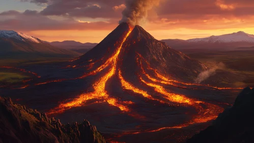 Volcano Eruption Landscape with Lava Flows at Sunset