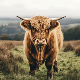 Shaggy Highland Cow with Prominent Horns