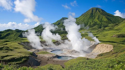 Steam Geyser and Lush Green Mountains