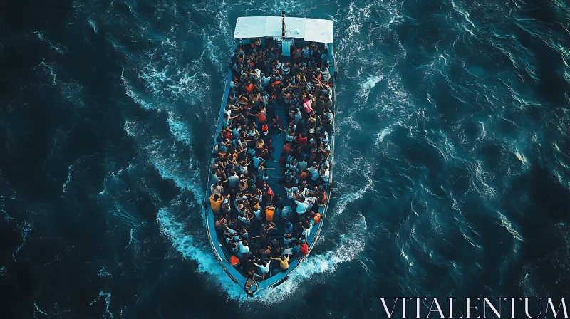 AI ART Packed Boat in Vivid Blue Ocean