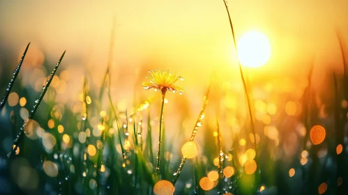 Sunlit Flower with Dew in Morning Grass