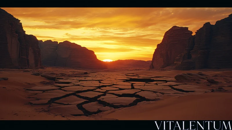 Sunset in the Desert: A View of Rock Formations and Cracked Ground
