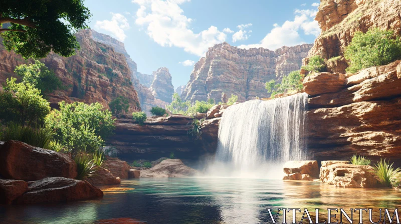 AI ART Waterfall Oasis in Rocky Landscape