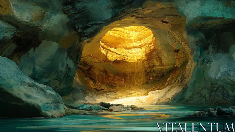 AI ART Golden Sunlight in a Tranquil Cave