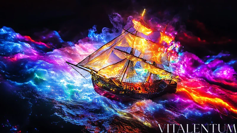 AI ART Colourful Glowing Ship on Night Sea
