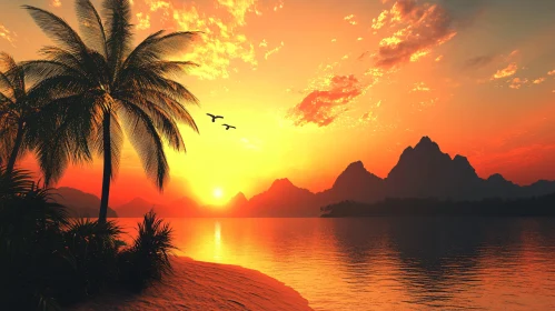 Tropical Sunset Horizon with Palm Trees and Birds