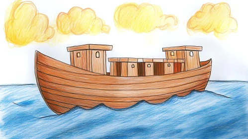Artistic Depiction of Wooden Ship on the Ocean
