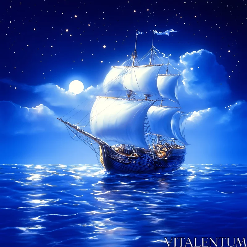 Ship Under Moonlight with Billowing Sails