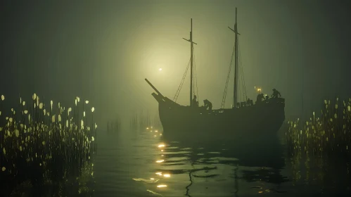 Enigmatic Ship in Foggy Sunset Scene