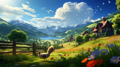 Cartoon Mountain Landscape Wallpaper: Pastoral Countryside Charm