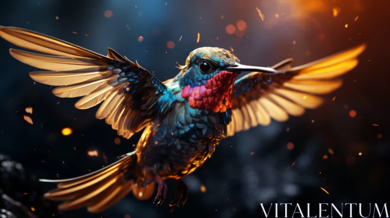 Colorful Hummingbird Mid-Flight Towards Fire AI Image