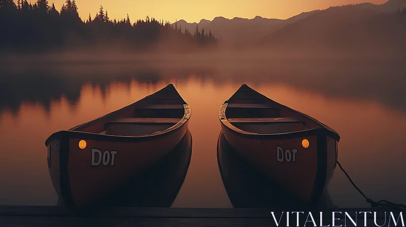 Canoes at Sunset on Misty Lake