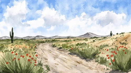Scenic Desert Field with Mountains and Cacti