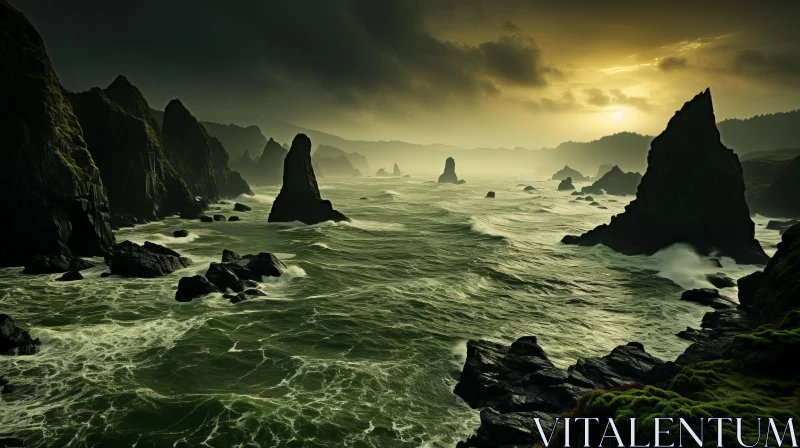 Misty Gothic Seascape: A Turbulent Ocean Against Rocky Coastline AI Image