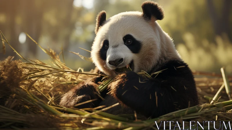Panda Bear Grazing Tranquilly in Sunlit Field AI Image