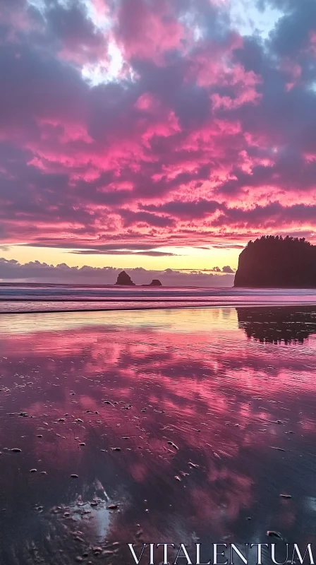 Beautiful Coastal Sunset with Pink and Purple Skies AI Image