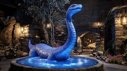 Blue Dinosaur Statue in Enchanted Courtyard