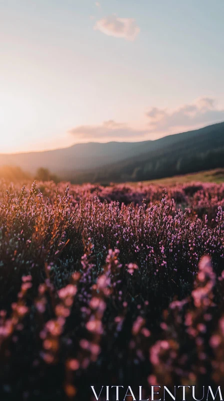 AI ART Blooming Pink Flowers at Sunset with Mountain View