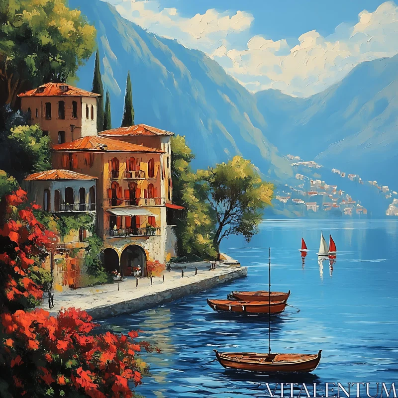 Picturesque Lakeside Scene with Colorful Buildings AI Image