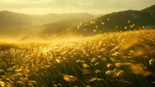 Sunlit Grass Field with Hills in the Background