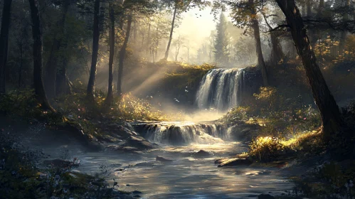 Tranquil Scene of Forest Waterfall and Creek