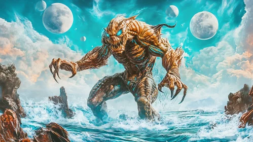 Gigantic Ocean Creature in a Fantasy World with Multiple Moons