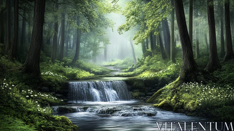 Peaceful Forest Waterfall Scene AI Image