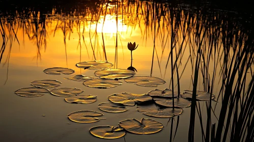 Golden Sunset Reflected on Tranquil Lake with Water Lilies