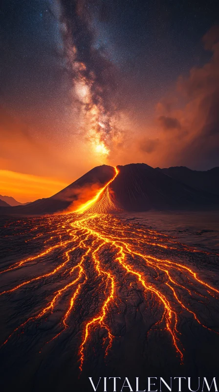 AI ART Lava Flowing Down Volcano at Night