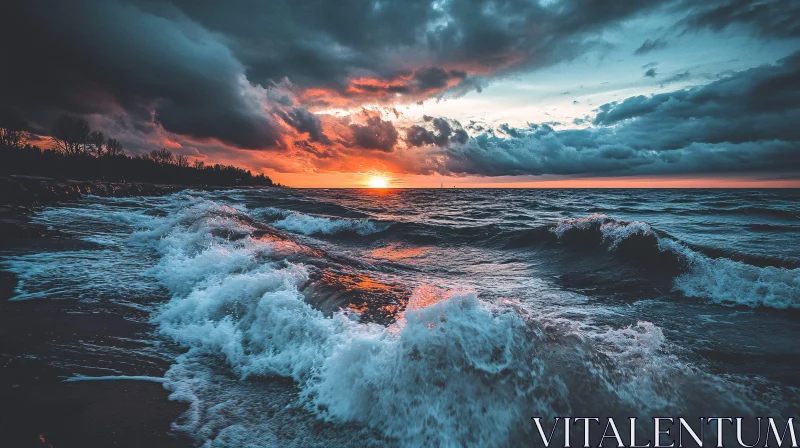 Sunset Over Ocean Waves with Dramatic Clouds and Shoreline View AI Image