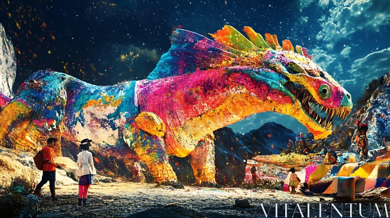 Fantasy Dinosaur with Colorful Scales Under Starry Sky AI Image