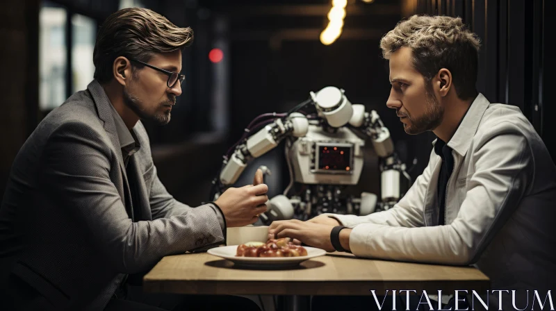 Futuristic Scene - Businessmen and Robots Sharing a Meal AI Image