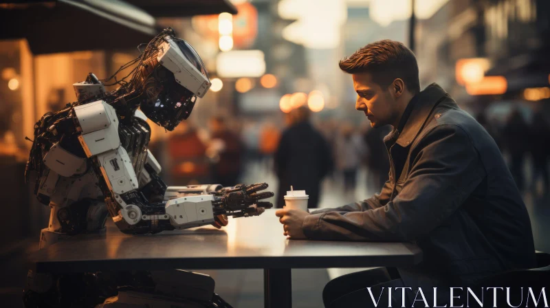Man conversing with Robot at Street Cafe AI Image
