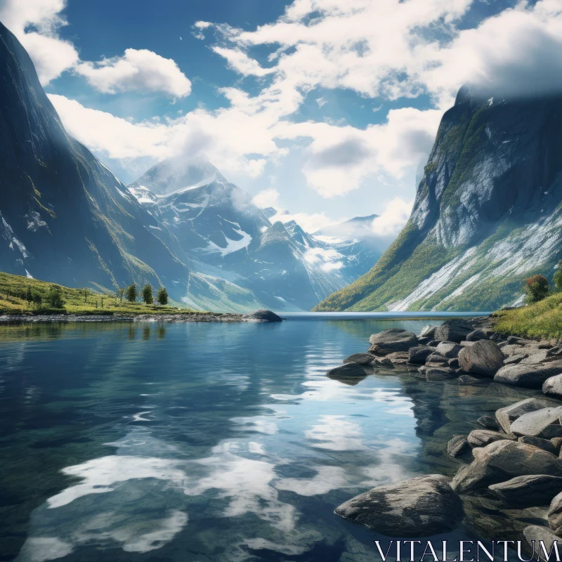 Serene Lake Surrounded by Majestic Mountains - Swiss Style Norwegian Nature Scene AI Image