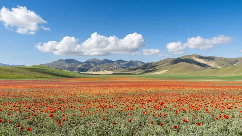 Picturesque Poppy Field with Mountain Backdrop