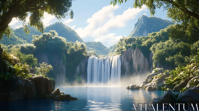 Peaceful Waterfall and Verdant Mountains AI Image