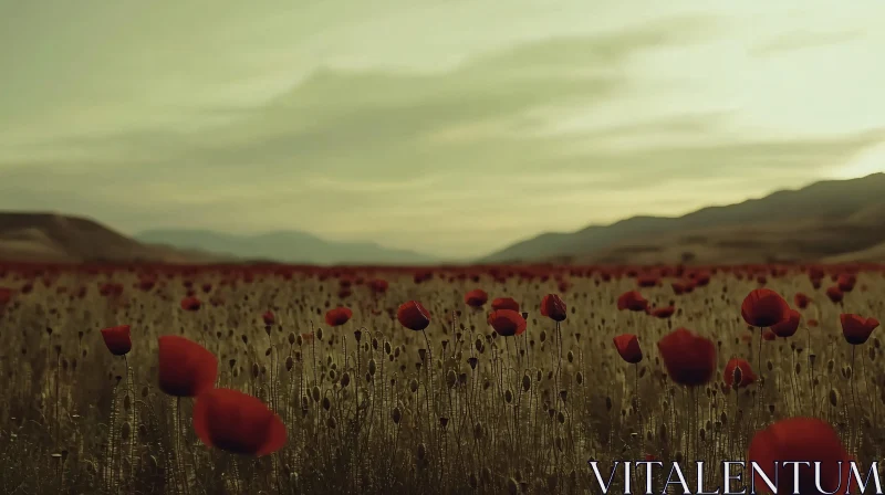 Sunset Over a Poppy Field with Mountain Backdrop AI Image