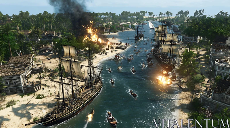 Historic Naval Warfare on a Tropical Island AI Image