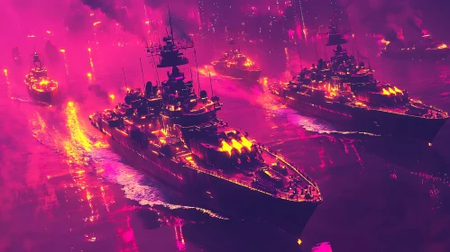 Battleships in a Neon-Lit Cityscape