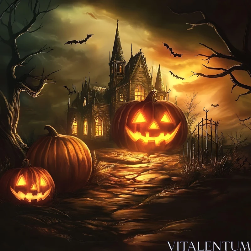 AI ART Mysterious Halloween Scene with Pumpkins and Gothic House