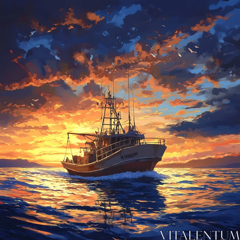 Serene Sunset Over Ocean with Fishing Boat AI Image