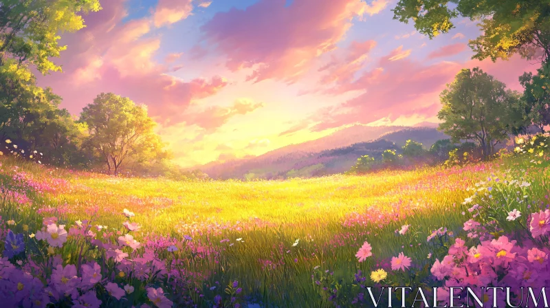 Sunset Over a Blooming Meadow AI Image