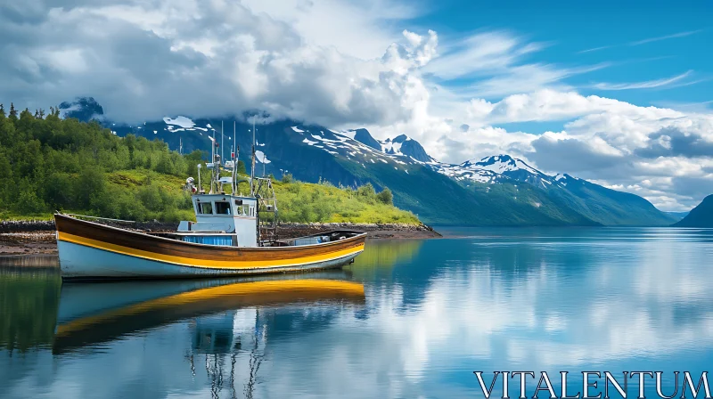 Calm Waters and Fishing Boat Amidst Nature's Beauty AI Image