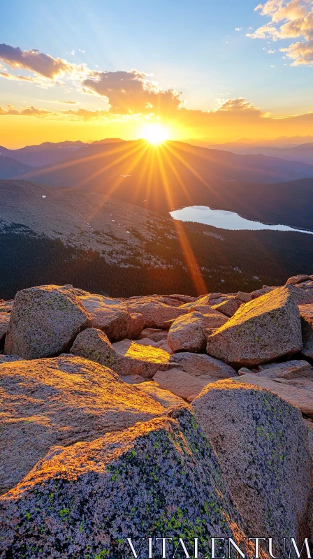 Illuminated Rocky Foreground at Sunset Over Mountainous Terrain AI Image