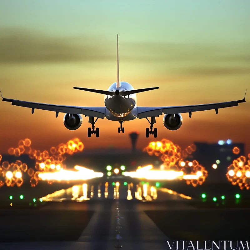 Sunset Airplane Landing on Runway AI Image